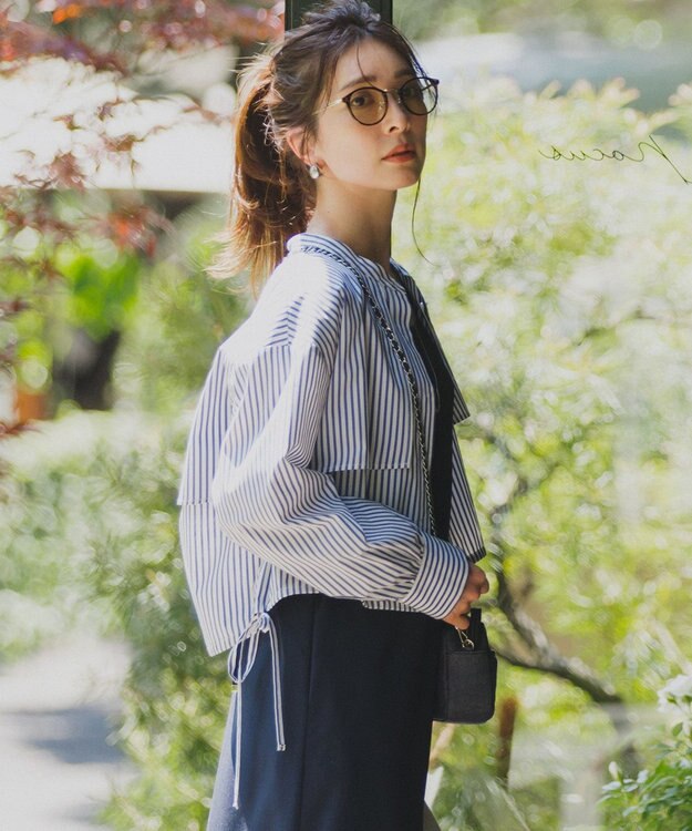 ANY SIS 【UVカット・接触冷感・速乾】クロップトヨークハオリ シャツ ネイビーストライプ