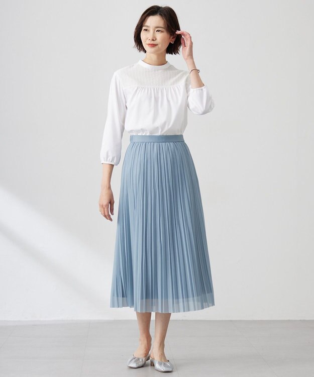 J.PRESS LADIES L 【洗える】オーガンジートリコット プリーツ スカート スモーキーサックス系