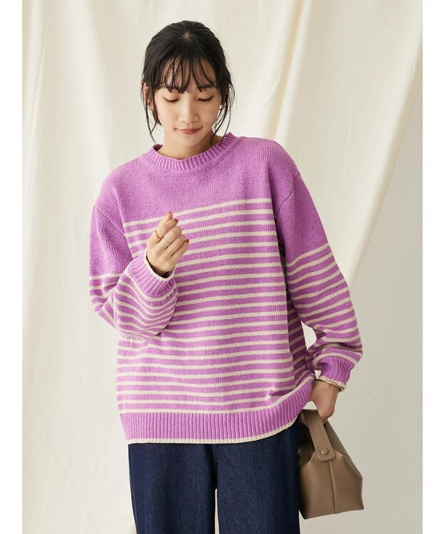 CRAFT STANDARD BOUTIQUE 洗えるモールニットボーダープルオーバー Purple