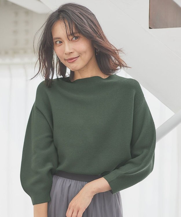 ANY 【洗濯機可】パフスリーブガーターニット モスグリーン