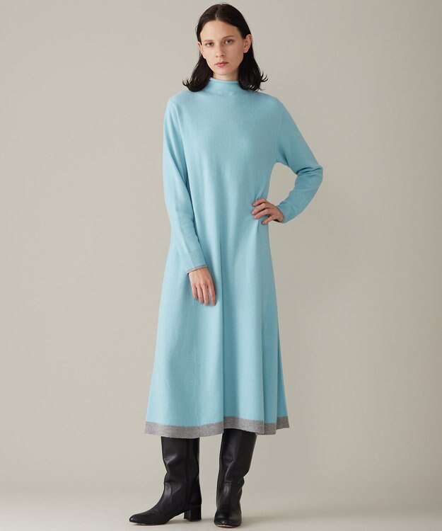 自由区 【洗える】セミウーステッドウールニット ワンピース メンソール×ライトグレー