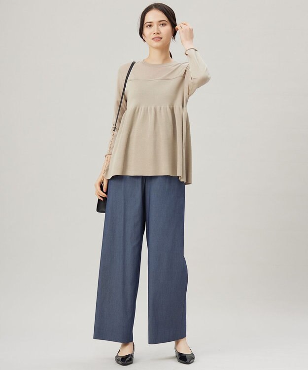 自由区 L 【セットアップ対応・洗える】ドレープツイルワイド パンツ ネイビーシャンブレー