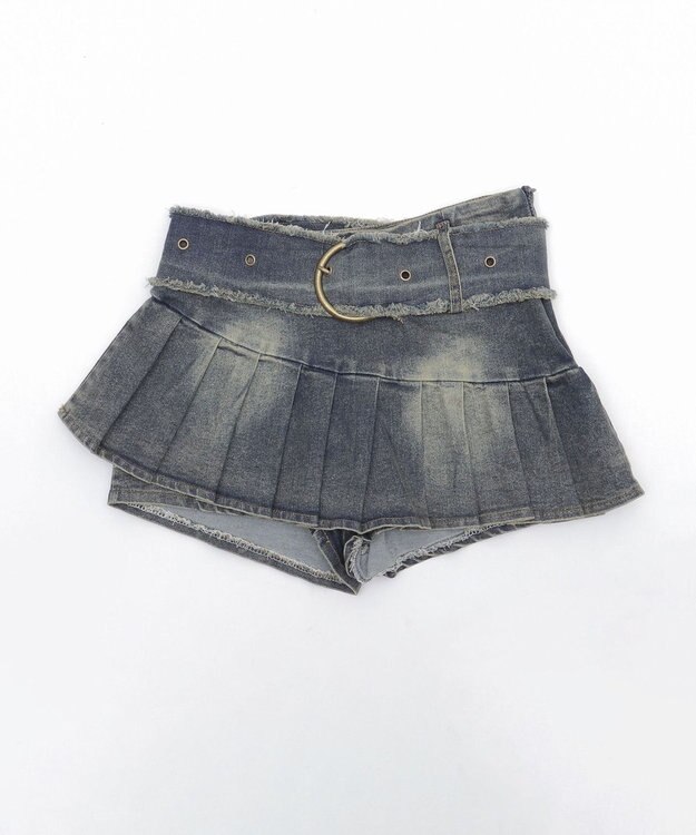 WEGO フリンジベルトプリーツデニムスカパン デニム