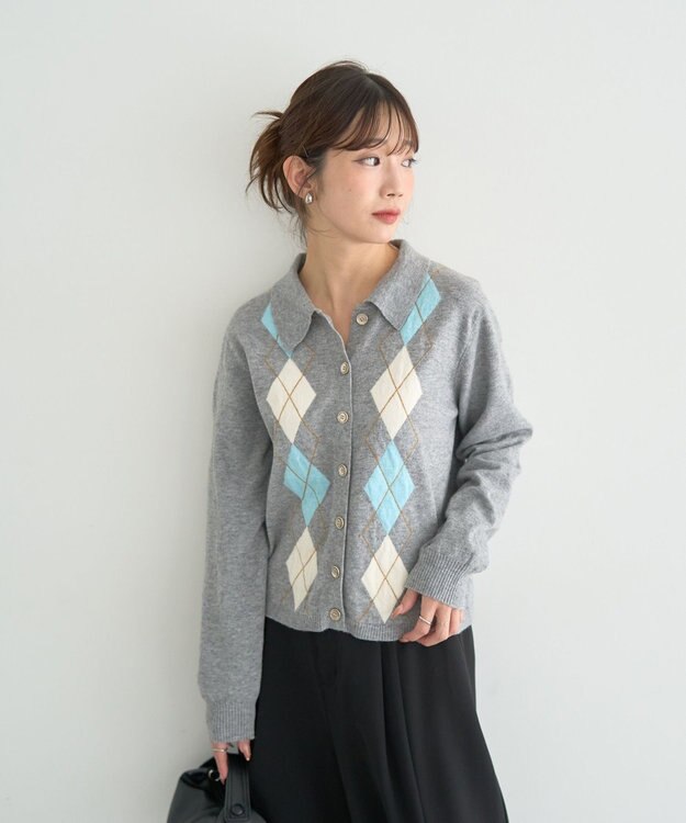 earth music&ecology 【予約】襟付きアーガイルニットカーディガン グレー