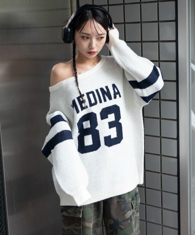 WEGO フラッフィー2WAYグラフィックワンショルBIGニット ホワイトアイボリー