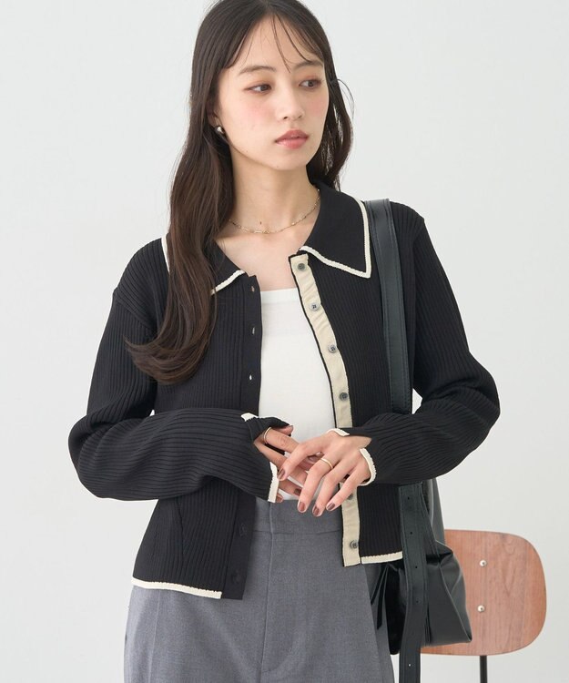 earth music&ecology バイカラートリムニットカーディガン Black