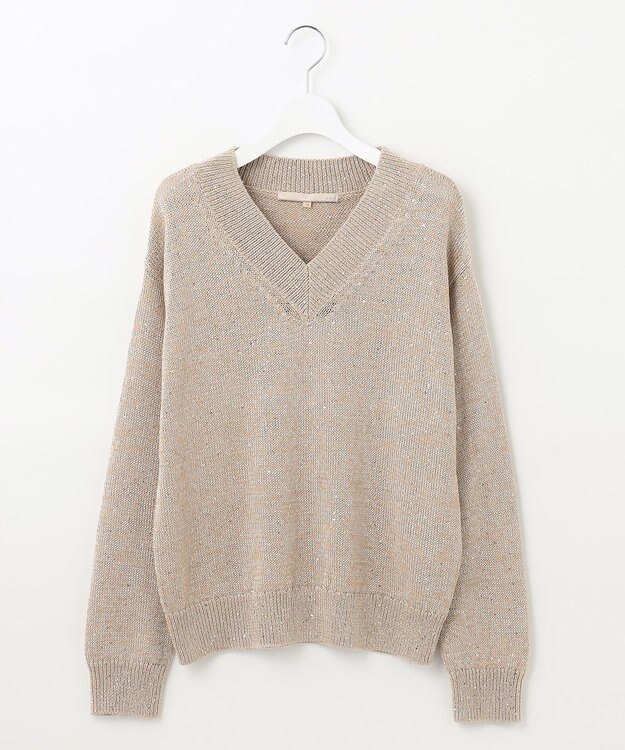 自由区 L 【洗える】スパングルニット Vネックニット ベージュ系