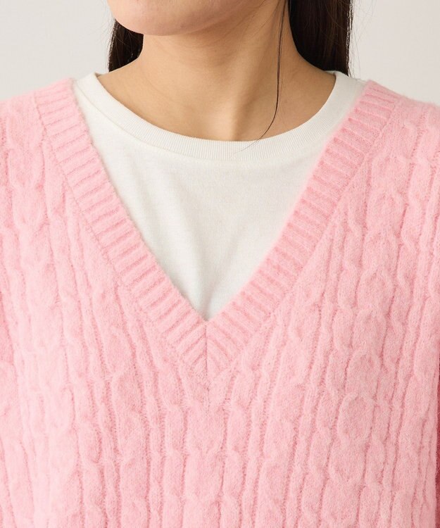 CRAFT STANDARD BOUTIQUE 起毛ケーブルVニットネックニットプルオーバー Pink