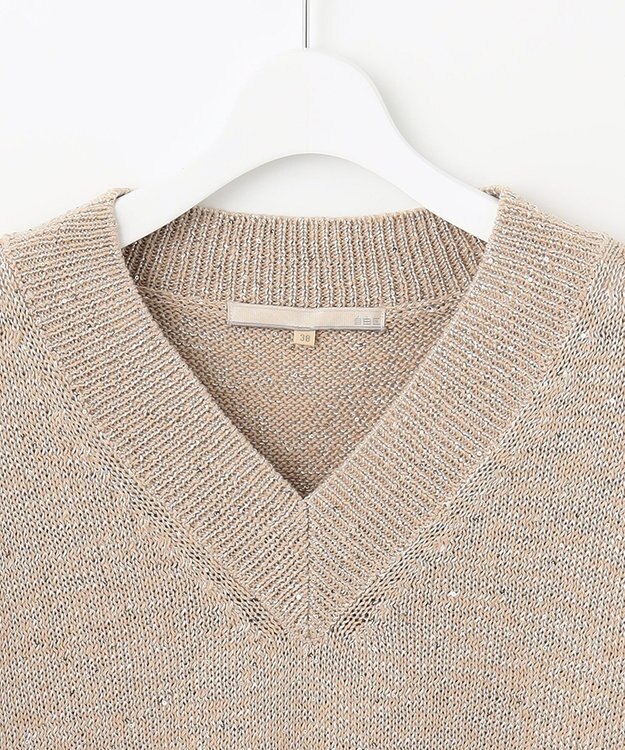 自由区 L 【洗える】スパングルニット Vネックニット ベージュ系