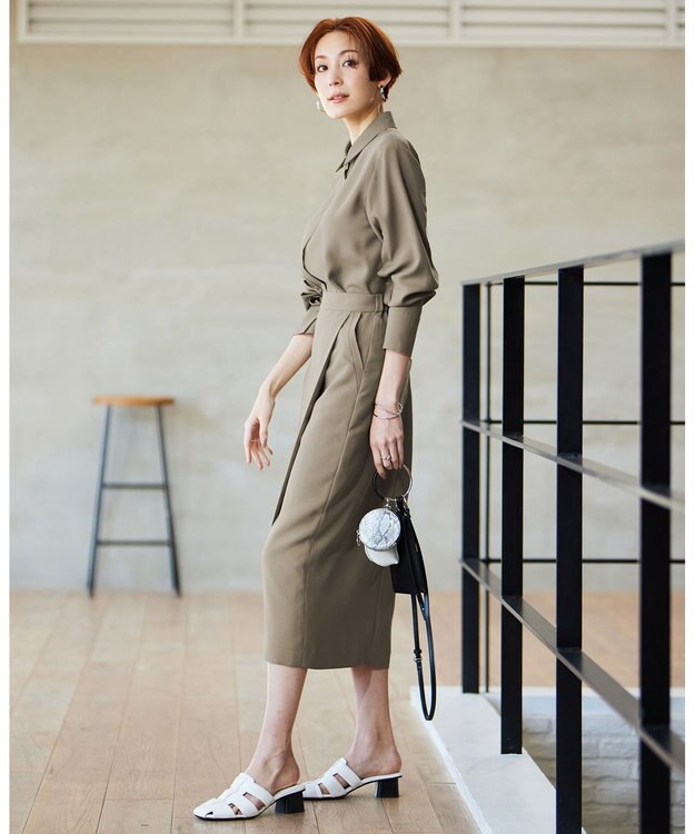 ICB 【接触冷感・UVケア・速乾・洗える】FluidBackSatin ナロースカート オリーブ系