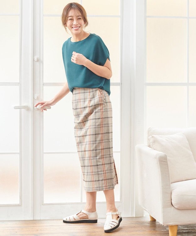 ANY 【ウエストゴム/ストレッチ】チェックタイトスカート オレンジ系