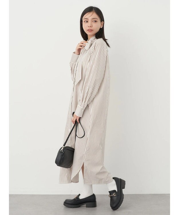 earth music&ecology ボウタイシャツワンピース Stripe Brown