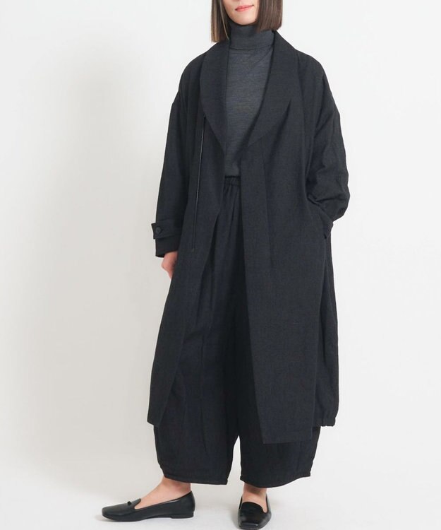 muuc 〈軽やかな尾州産リネンウール〉ショールカラーコート　ロングシーズン 秋冬春 ゆったりシルエット セットアップ可能 ブラック