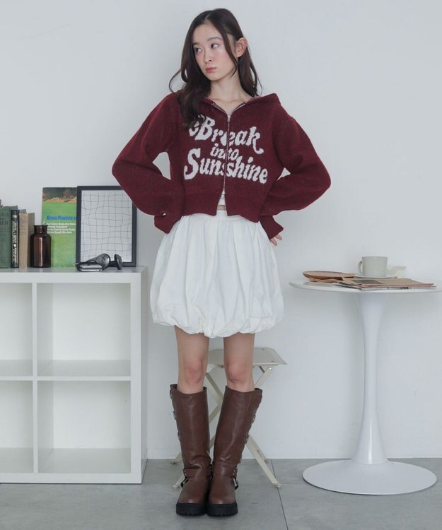 WEGO フラッフィーグラフィックジャガードニットZIPパーカー レッド