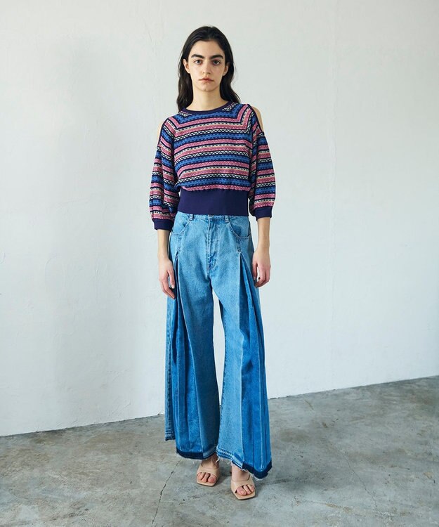 GRACE CONTINENTAL ボーダーパフニットトップ ネイビー