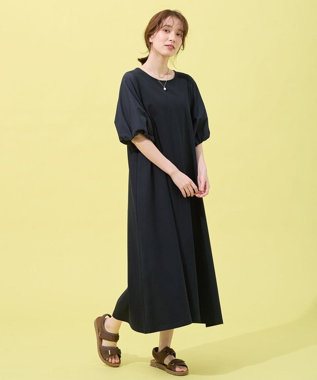 ANY 異素材コンビ ボリュームスリーブワンピース ブラック