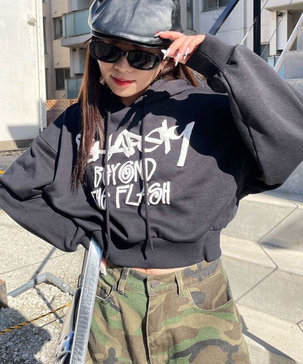 WEGO ハンドライティングショートパーカー ブラック