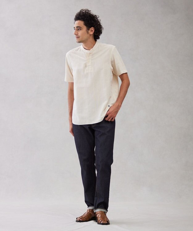 J.PRESS MEN 【HYBRID LINEN】ドビーストライプ バンドカラーラガーシャツ ベージュ系
