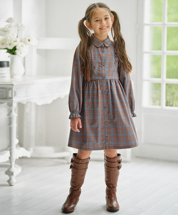 組曲 KIDS 【150-160㎝】リセチェックシャツ ワンピース ブルー×オレンジ系