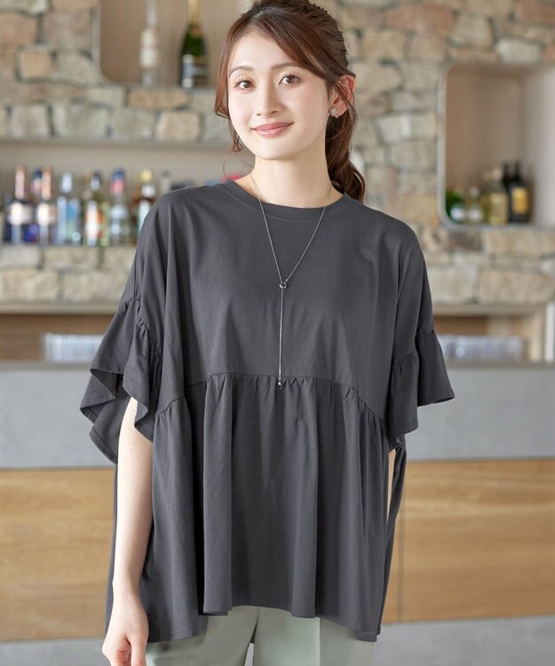 Tiaclasse 【新色追加】ギャザー切り替えフレアプルオーバー チャコールグレー