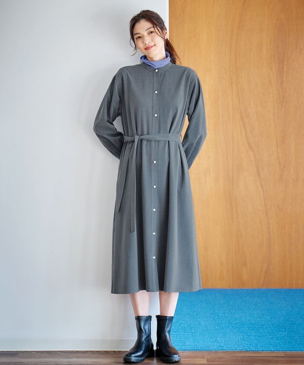 ANY 【洗濯機可能/ストレッチ】ウールライク前開きワンピース グレー