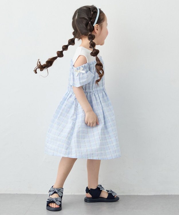 ANY KIDS 【洗濯機可能】オンオフショルダーワンピース サックスブルー×チェック