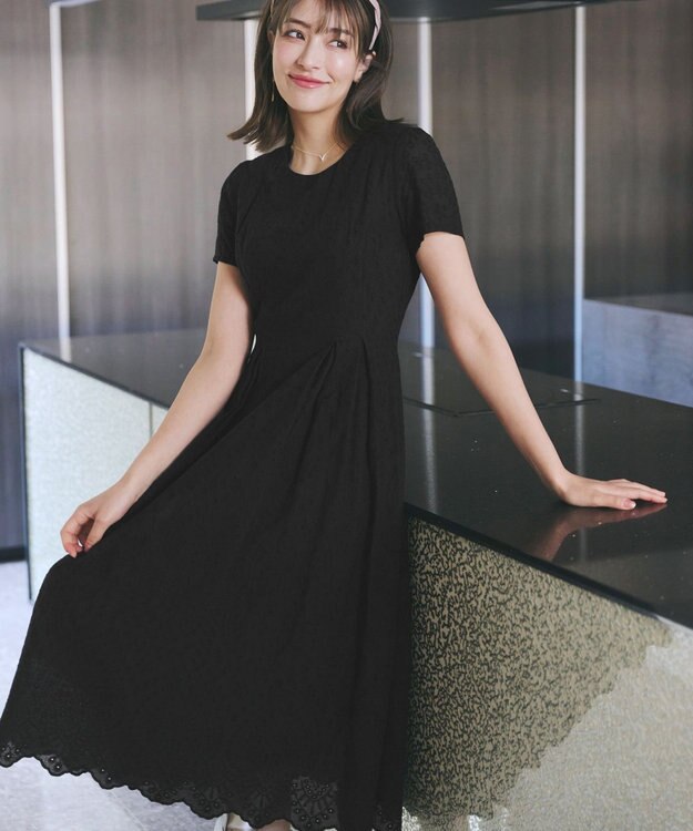 Tiaclasse 【洗える】パンチングレーススカラップワンピース ブラック