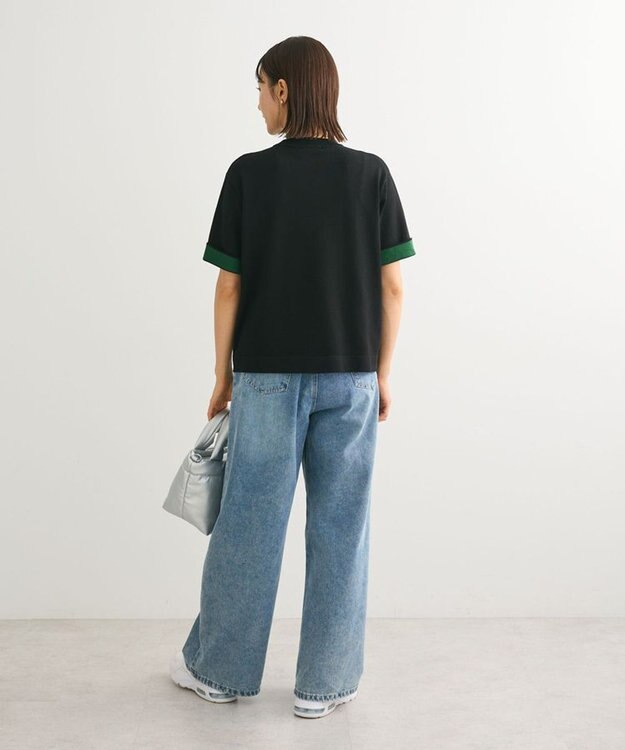 Green Parks 袖裏配色５分袖ニットプルオーバー Black