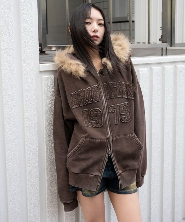 WEGO 裏起毛ファーフードBIGZIPパーカー ブラウン