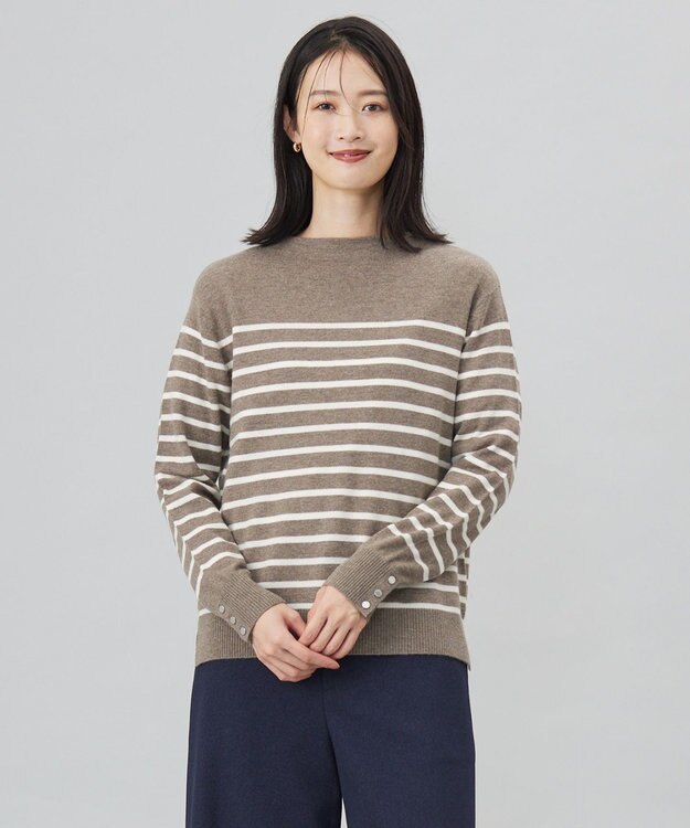 J.PRESS LADIES S 【洗える】SOFT TOUCH WOOL 立ち襟 ボーダー ニット モカ×オフ系