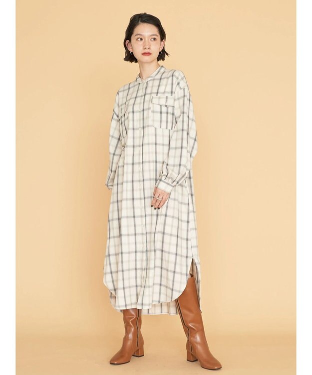 AMERICAN HOLIC イージーケアＷポケットシャツワンピース Check Ivory