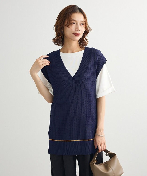Green Parks 裾ラインケーブルニットベスト Navy