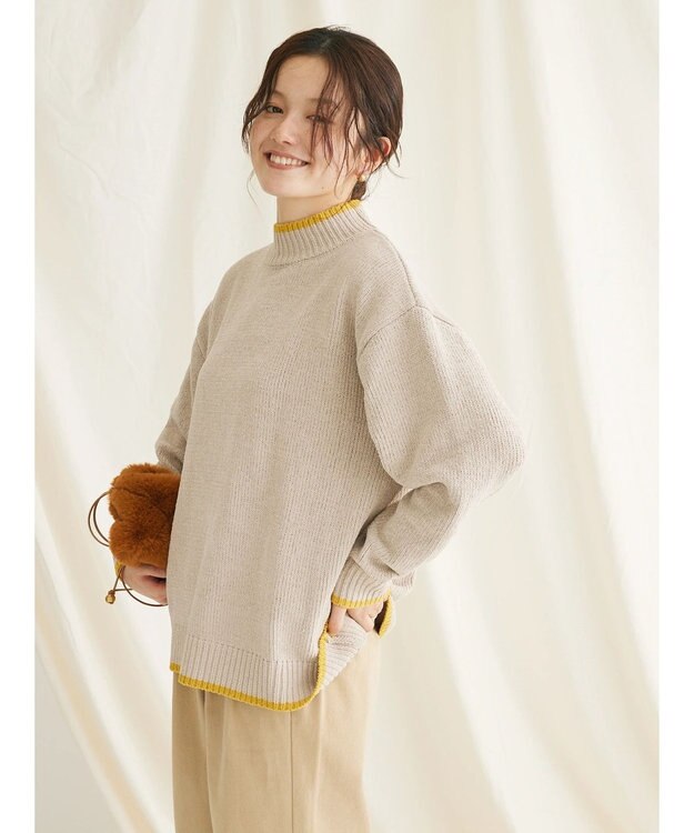 CRAFT STANDARD BOUTIQUE 洗えるモールニット配色プルオーバー Gray Beige