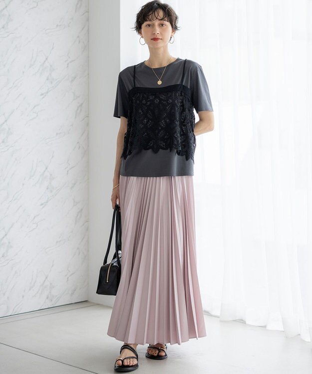 23区 S 【好評につき新色追加/汗じみ防止】エンブロイダリージャージー レースキャミソール付き カットソー スレート×ブラック