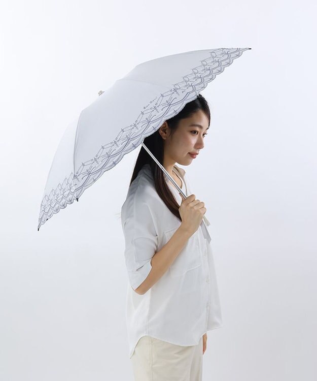 AURORA NINA RICCI （ニナリッチ)  幾何レース風 刺しゅう晴雨兼用パラソル（クイックオープン折り畳み・ミニ傘） シルバーグレー