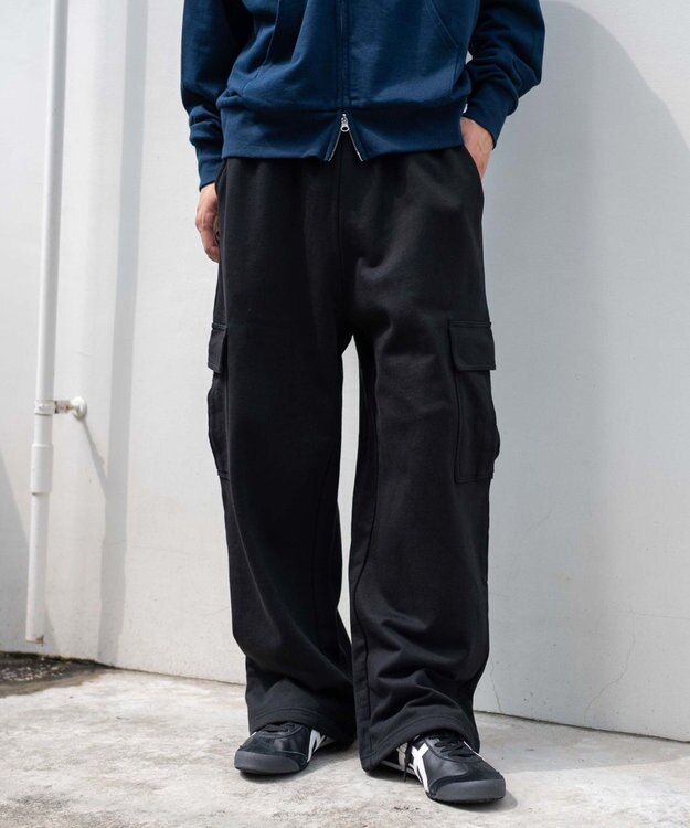 WEGO 【ユニセックス着用ITEM/ウエストゴム/MLサイズ展開】ワイドスウェットカーゴパンツ ブラック