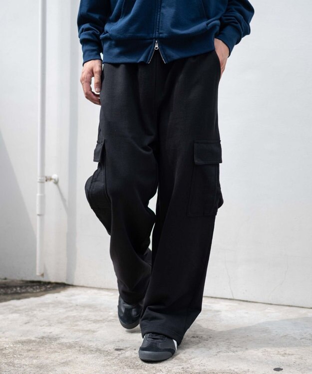 WEGO 【ユニセックス着用ITEM/ウエストゴム/MLサイズ展開】ワイドスウェットカーゴパンツ ブラック