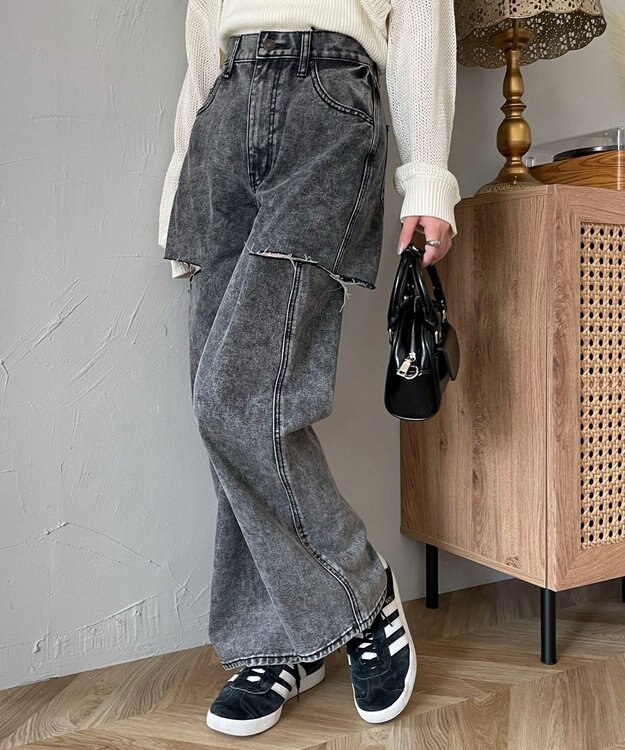 WEGO 【SMサイズ展開】サイドカットデニムストレートパンツ ブラックその他