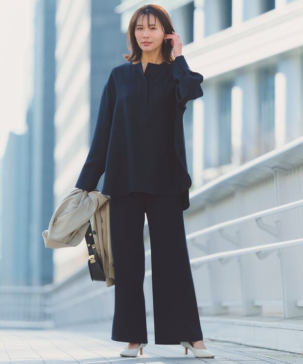 UNFILO 【セットアップ着用可/セレモニー】ドライダブルクロス スキッパーブラウス ネイビー