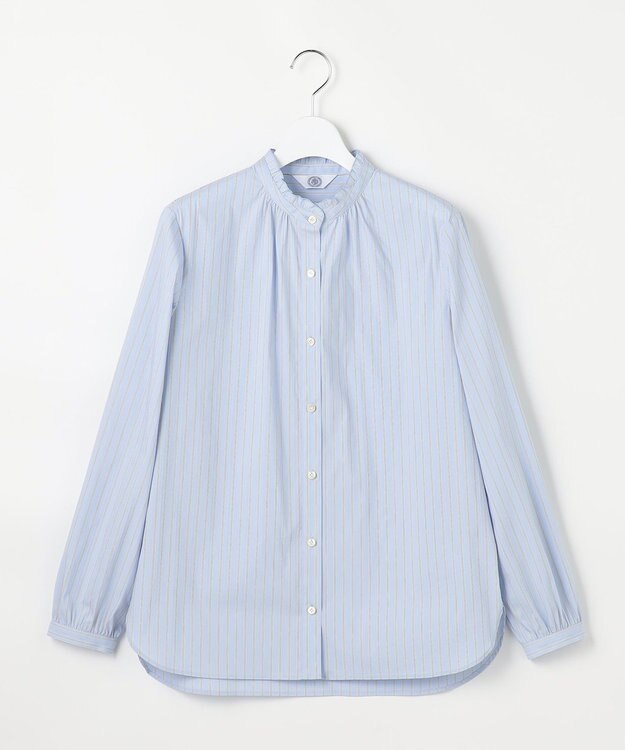 J.PRESS LADIES L BEZコットンナイロン ストライプ フリル襟 ブラウス サックス×ホワイト×ベージュ系