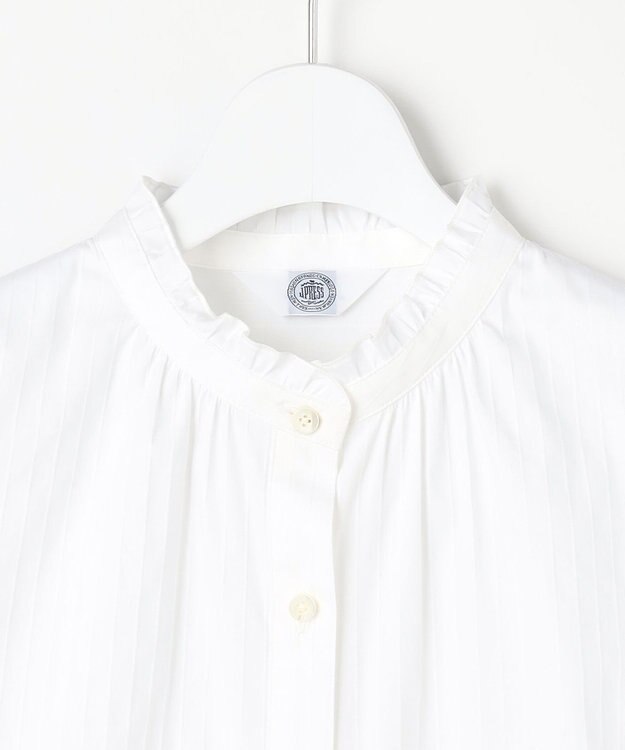 J.PRESS LADIES L BEZコットンナイロン ストライプ フリル襟 ブラウス ホワイトドビー系