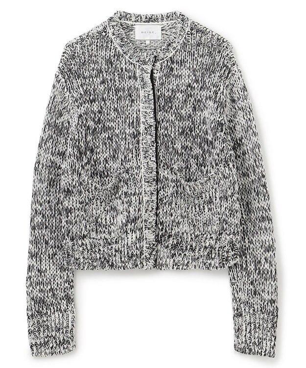 BEIGE， 【洗える】THYME / クルーネックコットンメッシュカーディガン Ecru×Black