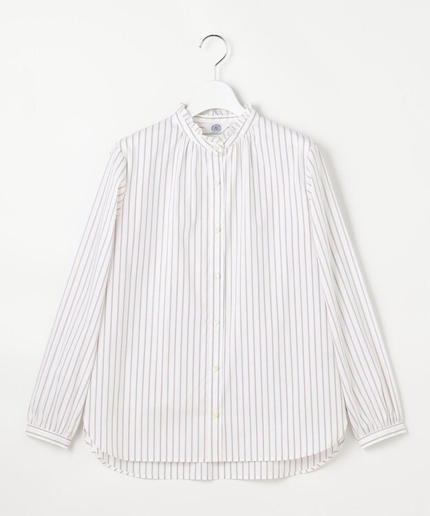 J.PRESS LADIES L BEZコットンナイロン ストライプ フリル襟 ブラウス ホワイト×ピンク×ネイビー系