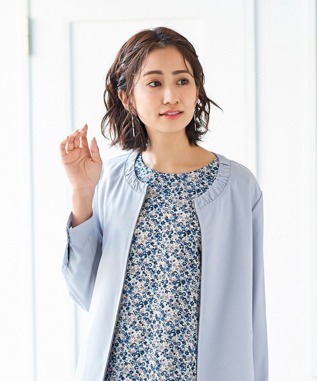 Tiaclasse 【洗える】大人可愛い衿ギャザーミディアムコート サックスグレー