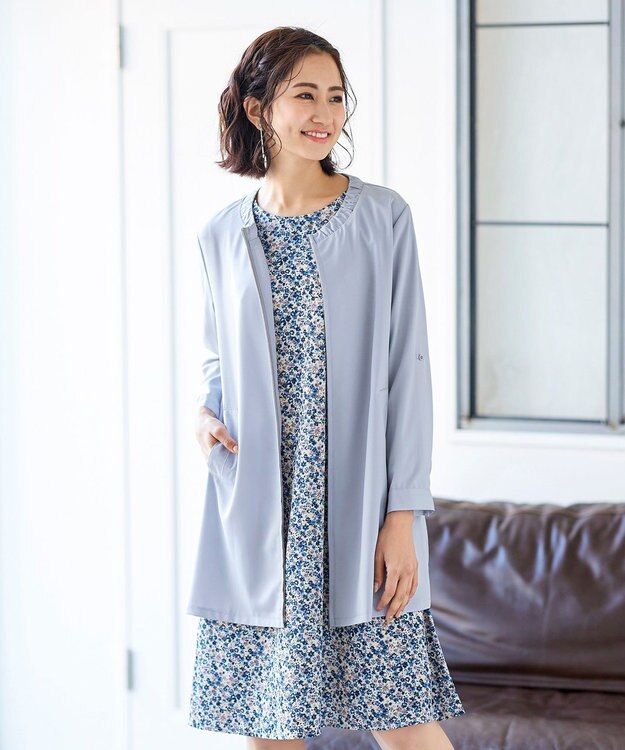 Tiaclasse 【洗える】大人可愛い衿ギャザーミディアムコート サックスグレー