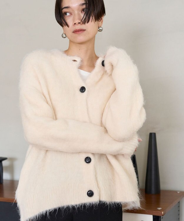 UNFILO 【洗える】アルパカシャギー カーディガン エクリュ