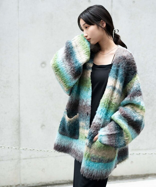 WEGO マルチボーダーブラッシュニットカーデ 柄2