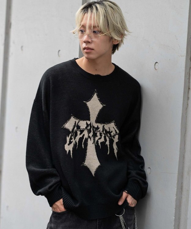 WEGO ダメージジャガードプルオーバー ブラック