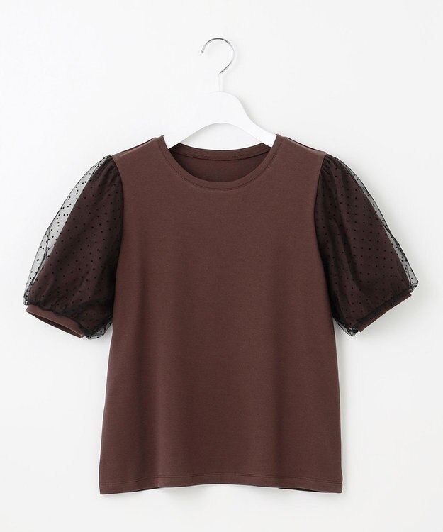 Feroux 【汗ジミが目立たない・洗える】チュール袖パフスリーブ Tシャツ ダークブラウン系