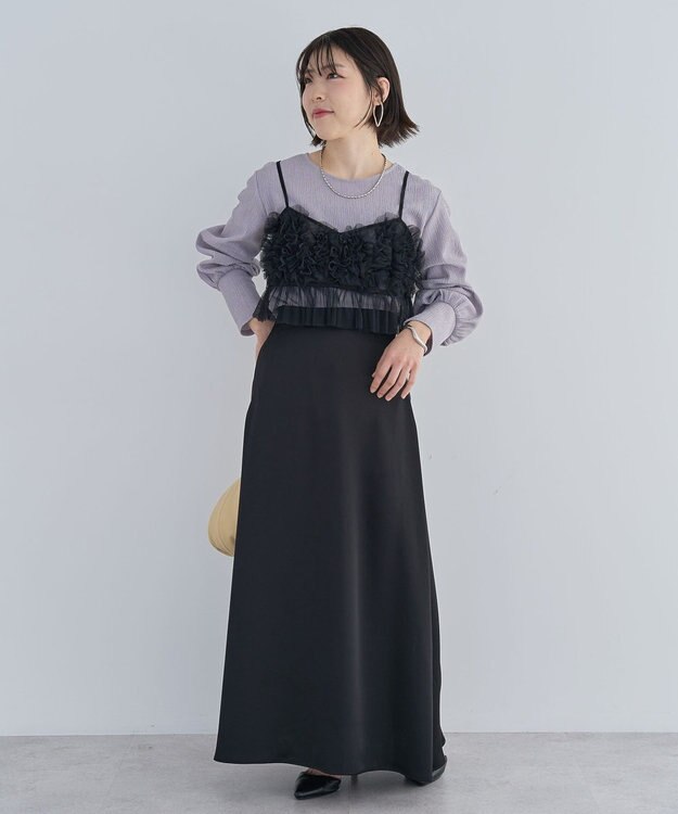 Green Parks ＳＥＴ２点チュールビスチェ＋表面感プルオーバー Black